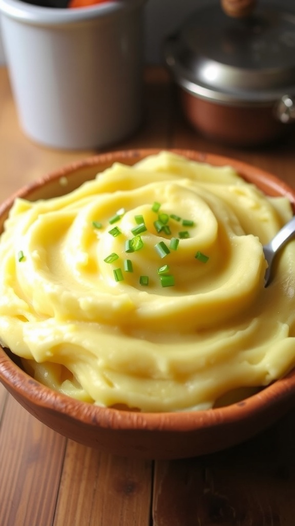 Creamy mashed yellow potatoes in a bowl, garnished with chives, on a wooden table.